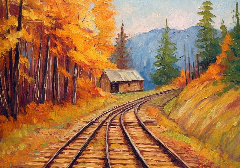山间铁路和房子的油画背景,插画/手绘图,插画/手绘图库,插画/手绘图下载,插画/手绘